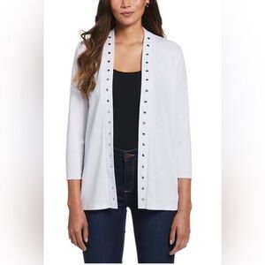 NWT gorgeous Rafaella® 3/4 Sleeve Jewel Heat Set Trim Cardigan in white, sz L
